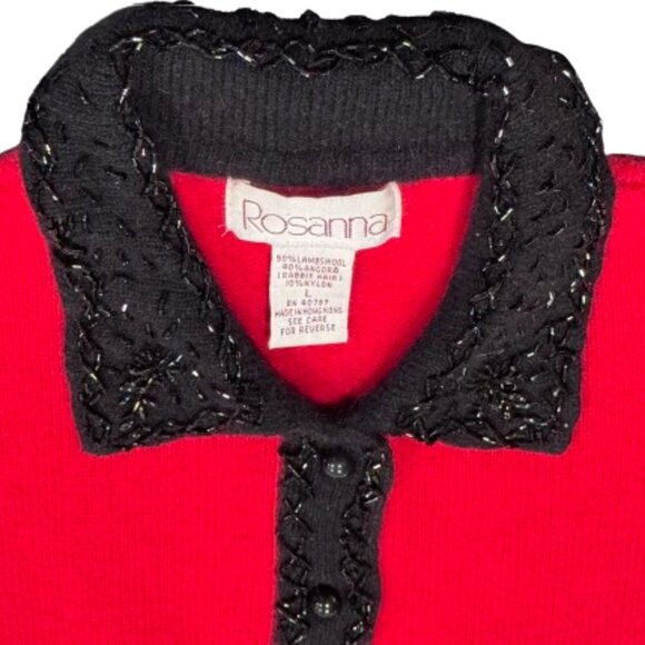 Rosanna Red Black Beaded Collar Lambswool Angora Glamorous Downtown Cardigan L - Picture 4 of 12